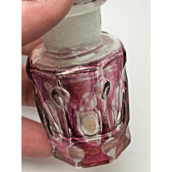 Flashed Cranberry Cut to Clear Vintage Perfume Bottle w/ Stopper Bohemian Glass - Picture 3 of 8